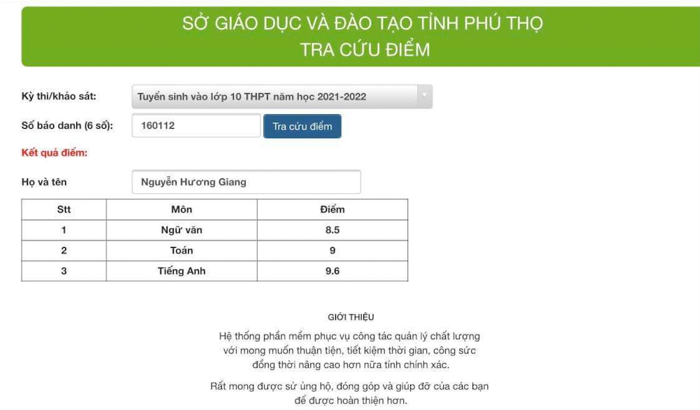 Tra cứu điểm thi vào lớp 10 tỉnh Phú Thọ năm 2021 1 Tra cứu điểm thi vào lớp 10 tỉnh Phú Thọ năm 2021 1