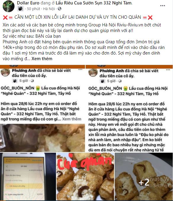 Chủ quán ấm ức đăng một bài khác trên chính trang Hà Nội Riviu - Riviu.vn với mong muốn đòi lại được uy tín. Ảnh: Facebook Chủ quán ấm ức đăng một bài khác trên chính trang Hà Nội Riviu - Riviu.vn với mong muốn đòi lại được uy tín. Ảnh: Facebook