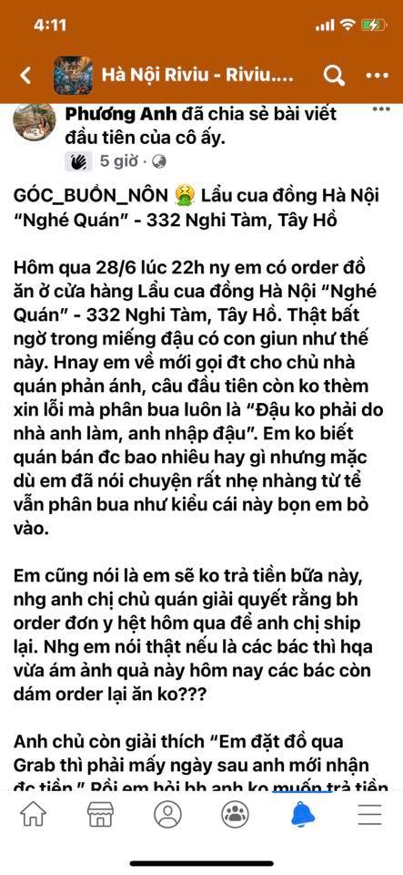 Bài đăng của bạn P.A trên trang Hà Nội Riviu - Riviu.vn. Ảnh: Facebook Bài đăng của bạn P.A trên trang Hà Nội Riviu - Riviu.vn. Ảnh: Facebook