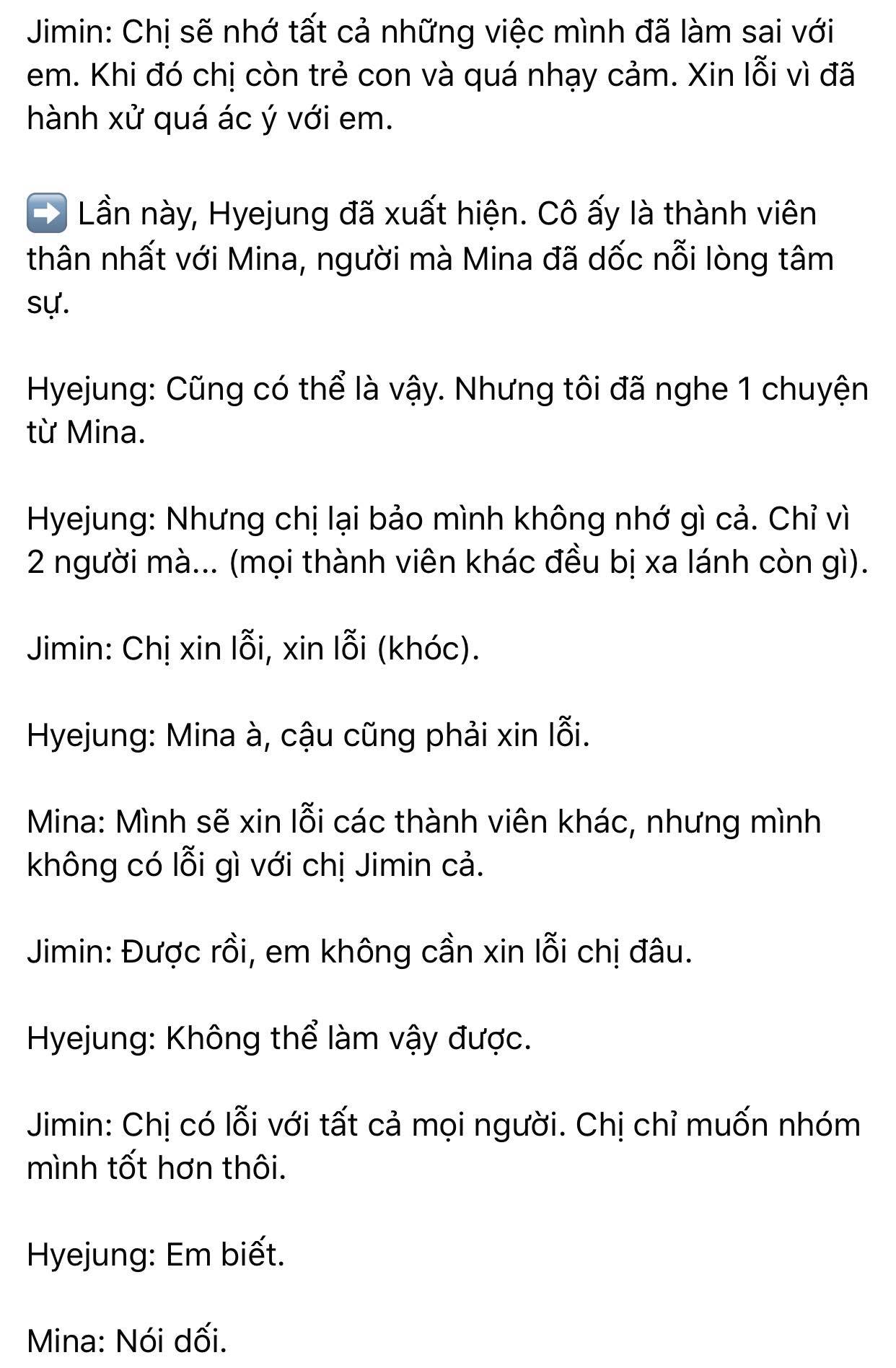 Dispatch khui toàn bộ hội thoại trong buổi gặp mặt AOA: Mina trở thành kẻ cố chấp thích đóng vai nạn nhân 10 Dispatch khui toàn bộ hội thoại trong buổi gặp mặt AOA: Mina trở thành kẻ cố chấp thích đóng vai nạn nhân 10