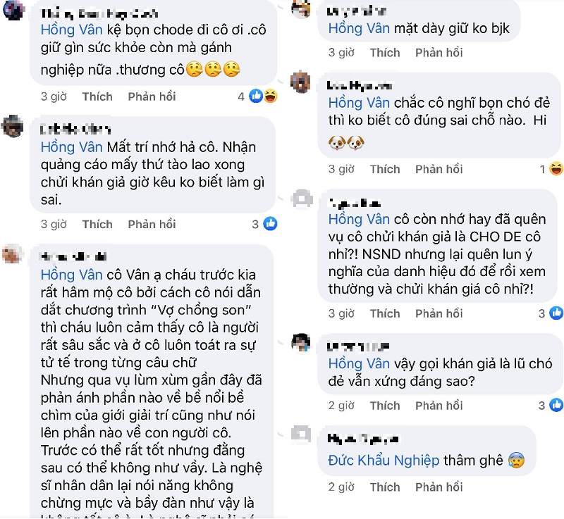 Bình luận của netizen sau phản ứng của Hồng Vân