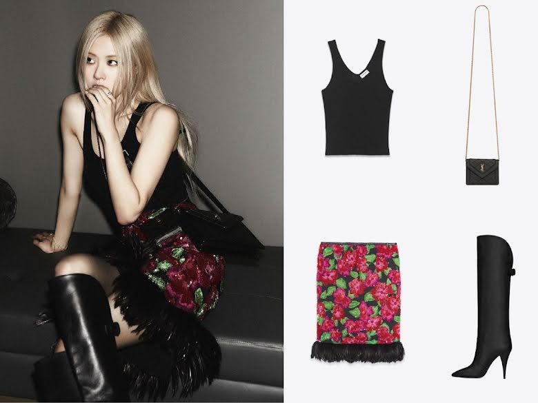 Còn trong ảnh này, Rosé mặc một chiếc tank top chất liệu lụa và lông cừu có giá 950 USD. Túi Gaby Micro bằng da cừu có giá 795 USD (hơn 21 triệu đồng). Cô nàng cũng đeo một chiếc túi xách Gaby Satchel gái bán lẻ 2.490 USD (hơn 56 triệu đồng). Ở dưới, Rosé mặc váy in hoa lụa trị giá 7.500 USD (hơn 170 triệu đồng) và mang boot da lộn giá 1.595 USD (hơn 36 triệu đồng).