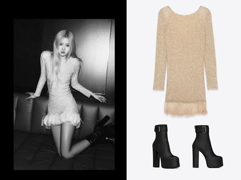 Bộ đầm midi làm từ lông vũ và len có đính sequin có giá bán lẻ 4.890 USD (hơn 111 triệu đồng). Đôi giày mà Rosé mang là boot da lộn có giá 1.595 USD (hơn 36 triệu đồng).