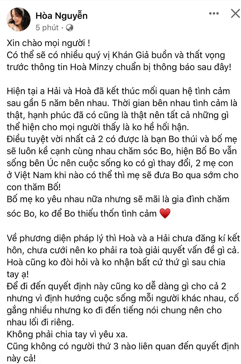 Bài đăng thông báo chia tay của Hòa Minzy. Ảnh: FBNV Bài đăng thông báo chia tay của Hòa Minzy. Ảnh: FBNV