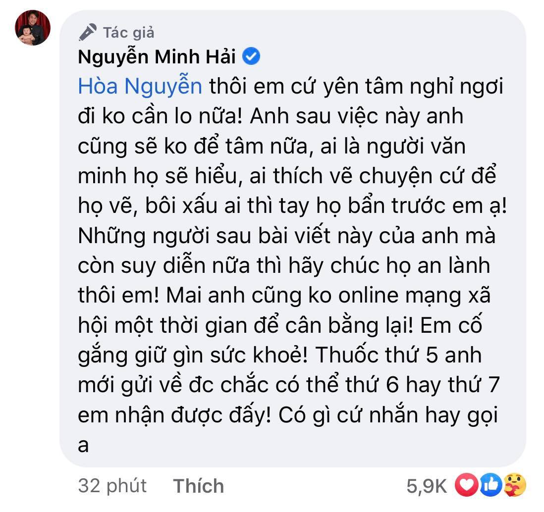 Còn đây là lời động viên của Minh Hải dành cho Hòa Minzy. Ảnh: FBNV Còn đây là lời động viên của Minh Hải dành cho Hòa Minzy. Ảnh: FBNV