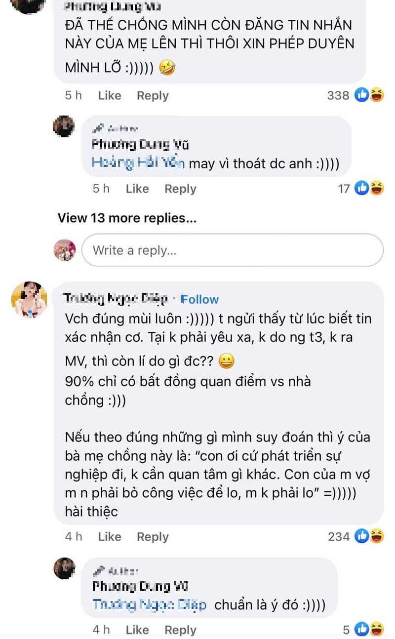 Những bình luận xoáy vào 'mẹ chồng' của Hòa Minzy sau khi nữ ca sĩ tuyên bố chia tay. Ảnh: FBNV Những bình luận xoáy vào 'mẹ chồng' của Hòa Minzy sau khi nữ ca sĩ tuyên bố chia tay. Ảnh: FBNV