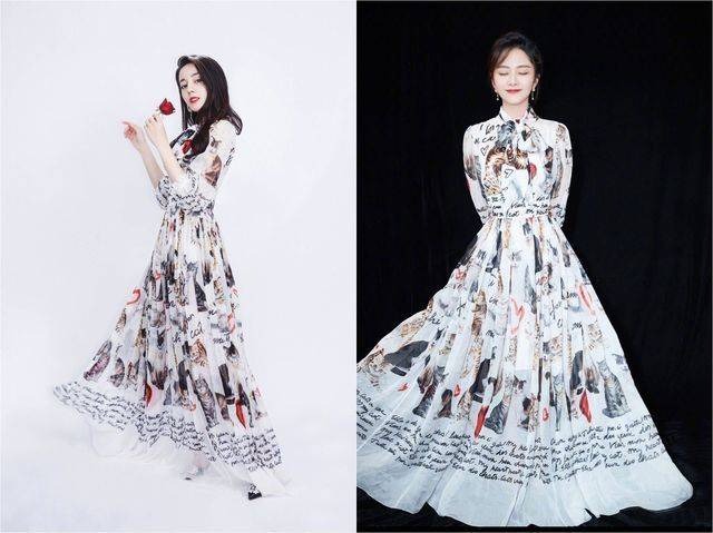 Mặc dù Đàm Tùng Vận lớn hơn Địch Lệ Nhiệt Ba 2 tuổi nhưng phong cách nhỏ nhắn, tươi tắn đã giúp cô san bằng khoảng cách này. Thậm chí có người còn thấy Tùng Vận trẻ hơn Nhiệt Ba. Khi cùng đụng hàng chiếc váy dài họa tiết độc đáo này, Đàm Tùng Vận xinh đẹp và nữ tính hơn Địch Lệ Nhiệt Ba.