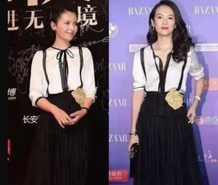 Khi mặc chiếc áo này, Lưu Đào đã thắt nơ ở cổ rất chỉn chu còn Chương Tử Di thì thản nhiên buông lơi sợi dây đó. Chắc chắn ai cũng thấy Chương Tử Di cuốn hút hơn hẳn. Cách mặc thể hiện đó là một con người tự do, không chịu gò bó.