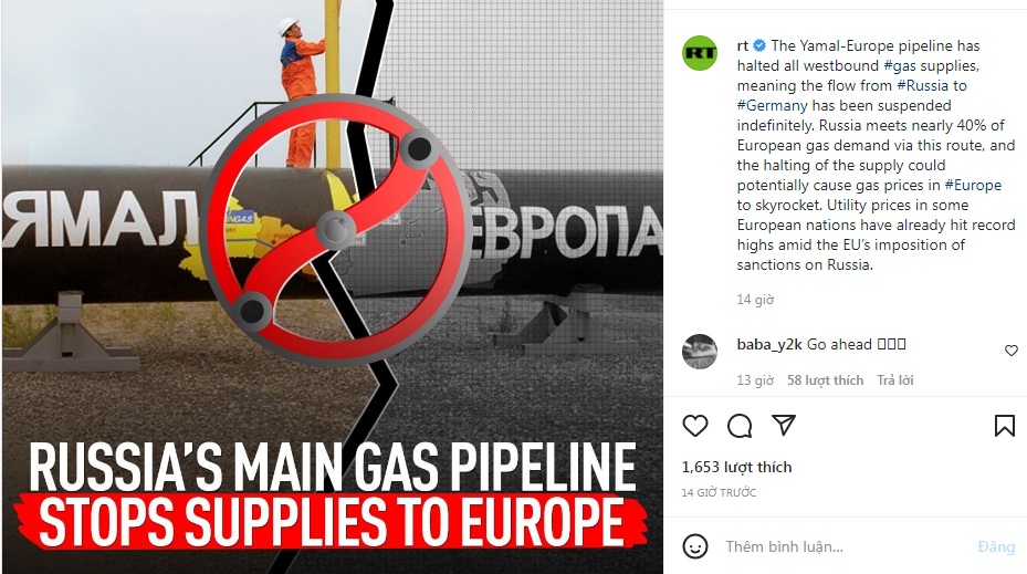 Thông báo Nga ngừng cung cấp khí đốt cho châu Âu. Ảnh: Instagram