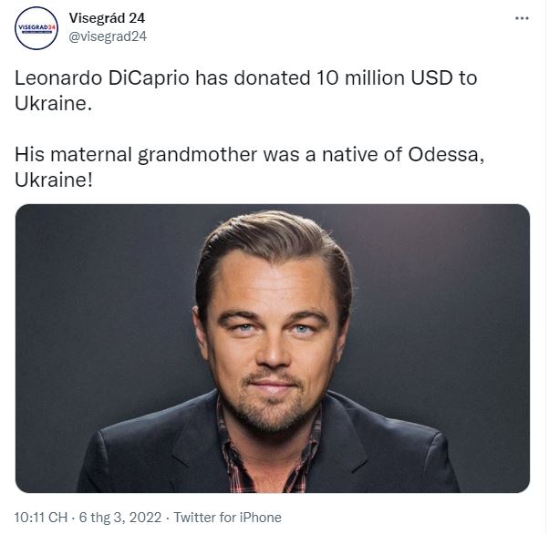 Tài tử Titanic Leonardo DiCaprio ủng hộ Ukraine 10 triệu USD 1