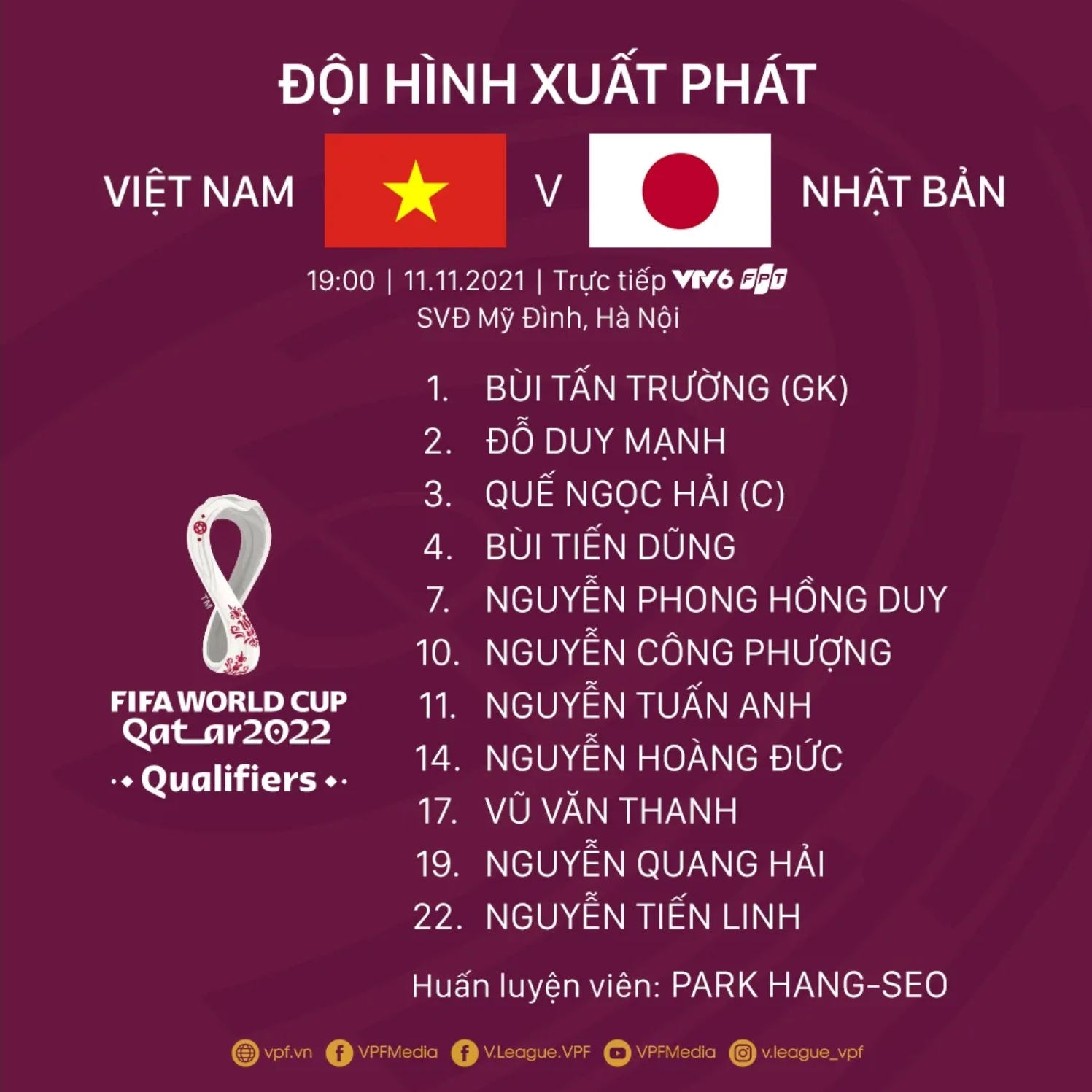 Đội hình chính thức của ĐT Việt Nam - Ảnh: VPF
