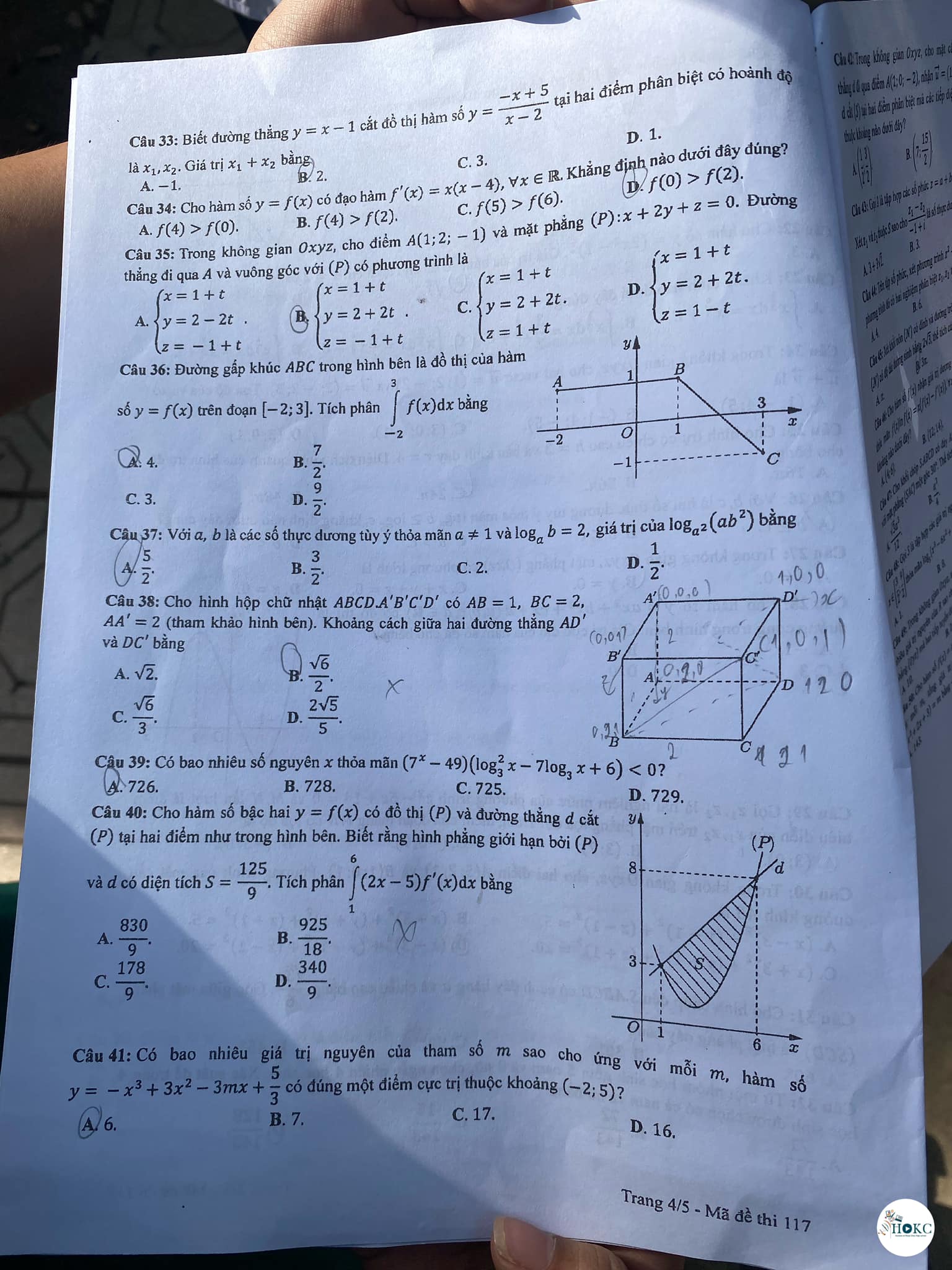 Đáp án môn Toán mã đề 117 kỳ thi tốt nghiệp THPT 2023