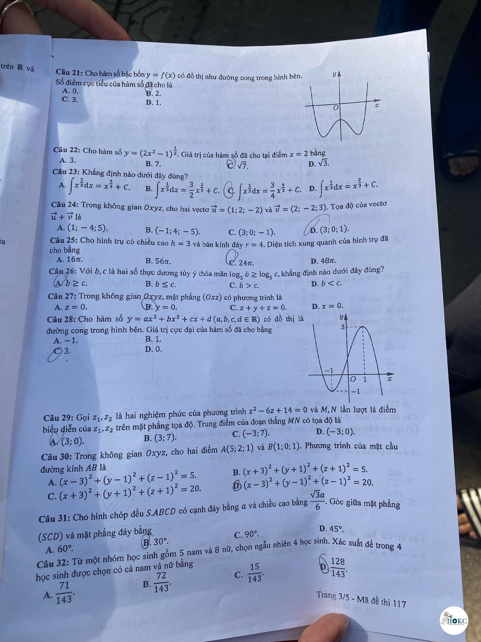 Đáp án môn Toán mã đề 117 kỳ thi tốt nghiệp THPT 2023