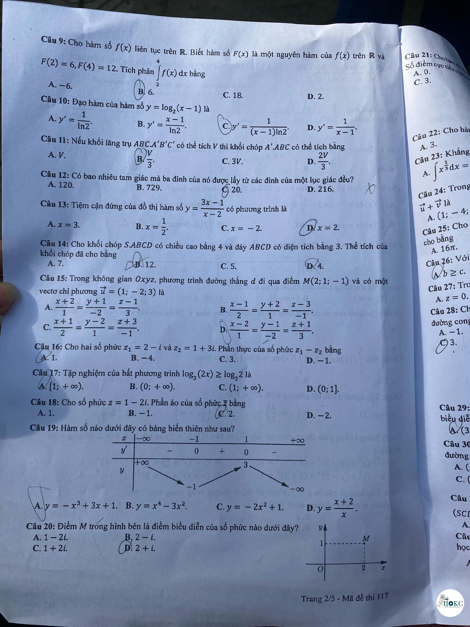Đáp án môn Toán mã đề 117 kỳ thi tốt nghiệp THPT 2023