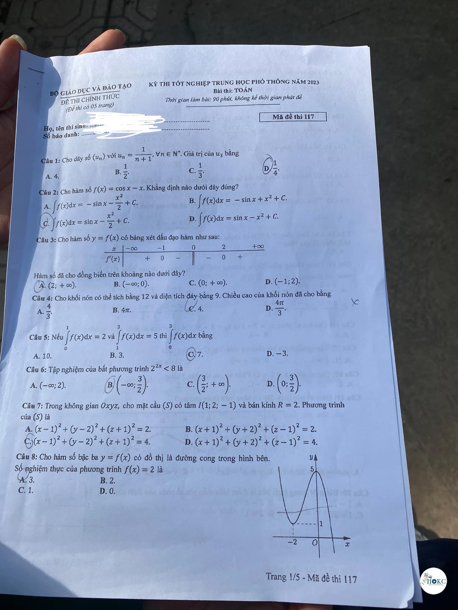 Đáp án môn Toán mã đề 117 kỳ thi tốt nghiệp THPT 2023