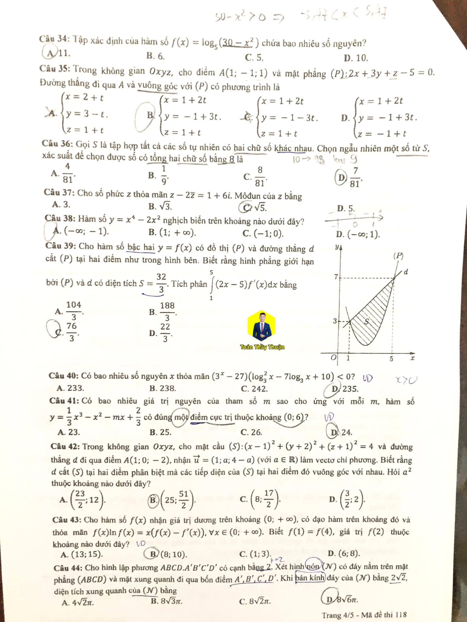 Đáp án môn Toán mã đề 118 kỳ thi tốt nghiệp THPT 2023