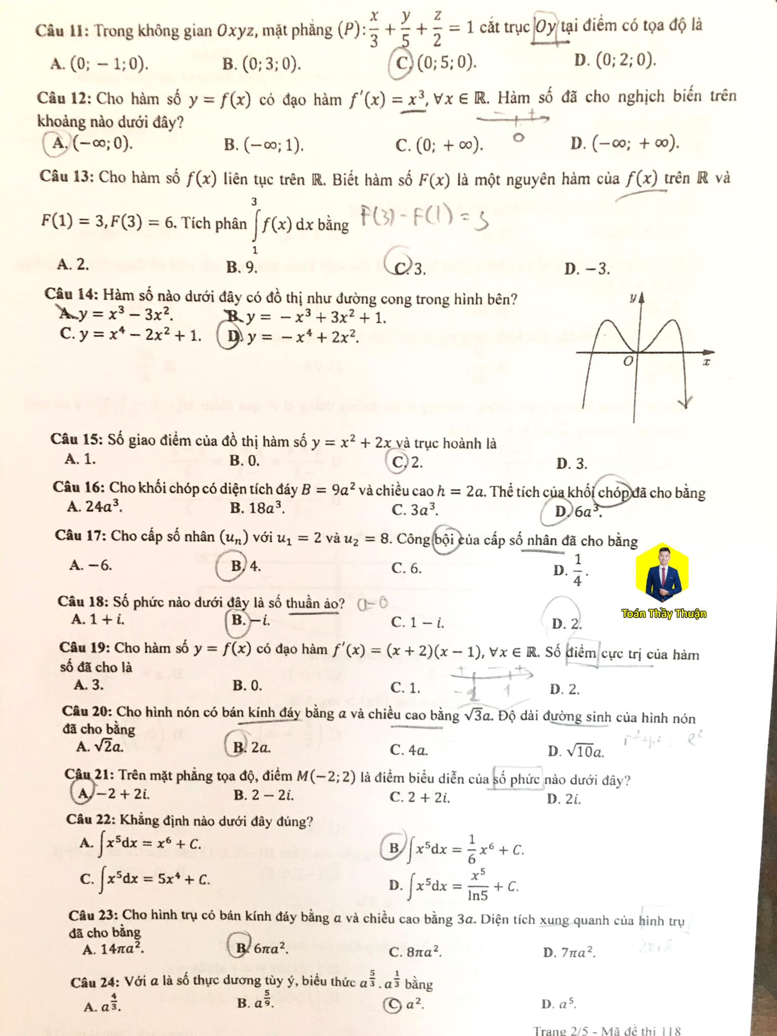 Đáp án môn Toán mã đề 118 kỳ thi tốt nghiệp THPT 2023