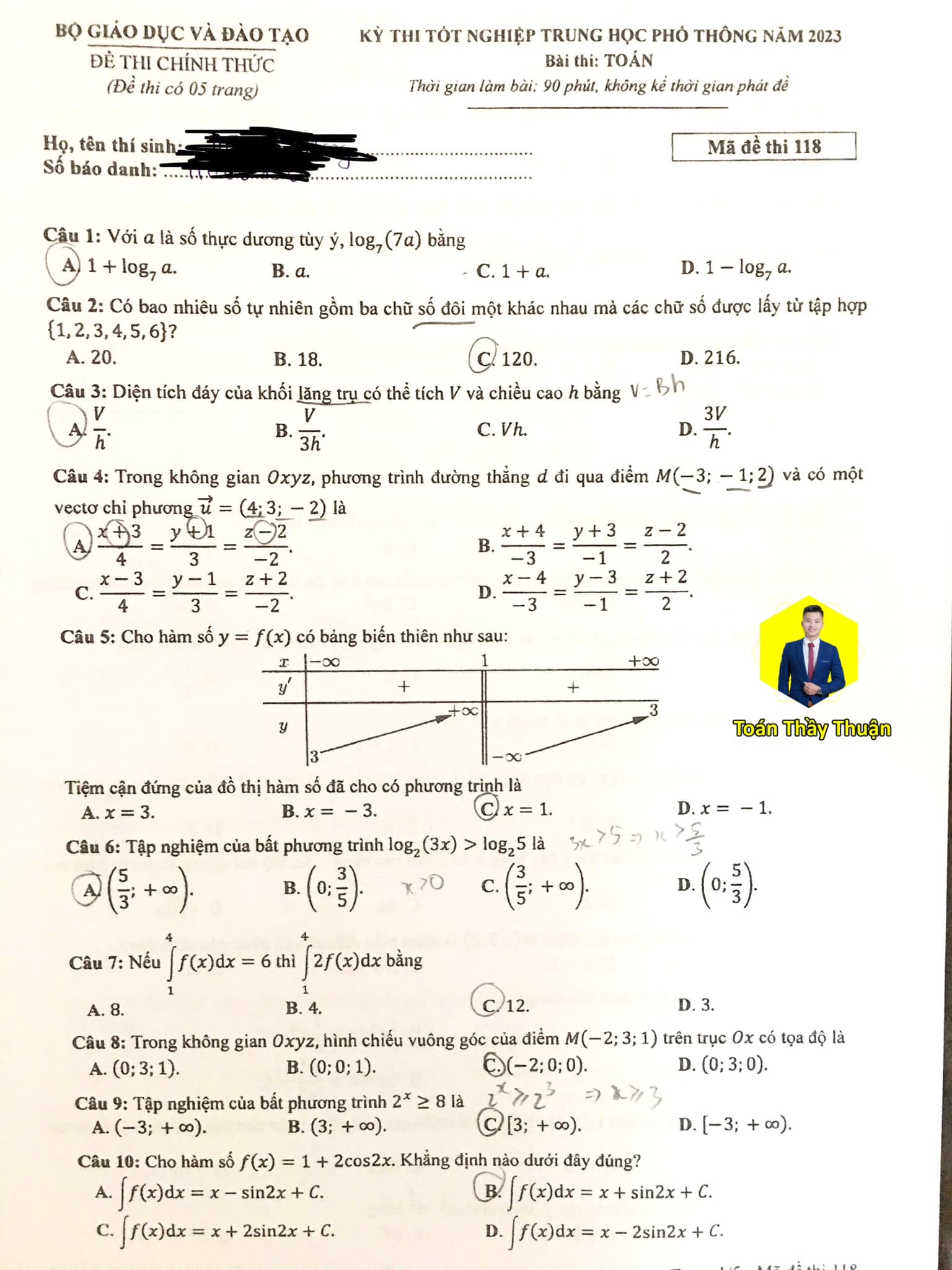 Đáp án môn Toán mã đề 118 kỳ thi tốt nghiệp THPT 2023