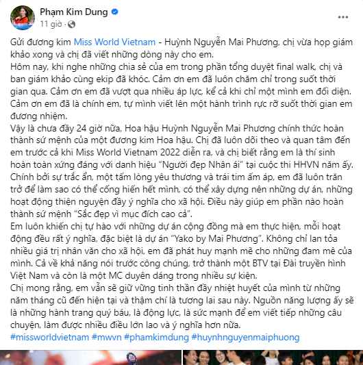 Chia sẻ của bà Kim Dung về HH Mai Phương trước thềm Chung kết Miss World Vietnam 2023. Chia sẻ của bà Kim Dung về HH Mai Phương trước thềm Chung kết Miss World Vietnam 2023.