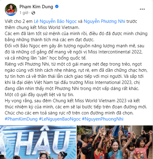 Bài viết chia sẻ về 2 Á hậu của bà Phạm Kim Dung. Bài viết chia sẻ về 2 Á hậu của bà Phạm Kim Dung.