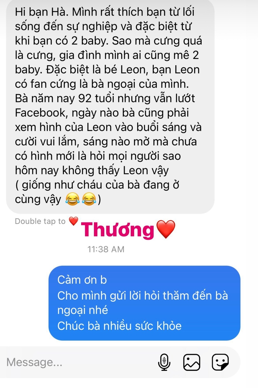 Nội dung tin nhắn tạo động lực giúp 'mẹ 3 con” muốn đăng ảnh con nhiều hơn nữa. Ảnh chụp màn hình Nội dung tin nhắn tạo động lực giúp 'mẹ 3 con” muốn đăng ảnh con nhiều hơn nữa. Ảnh chụp màn hình