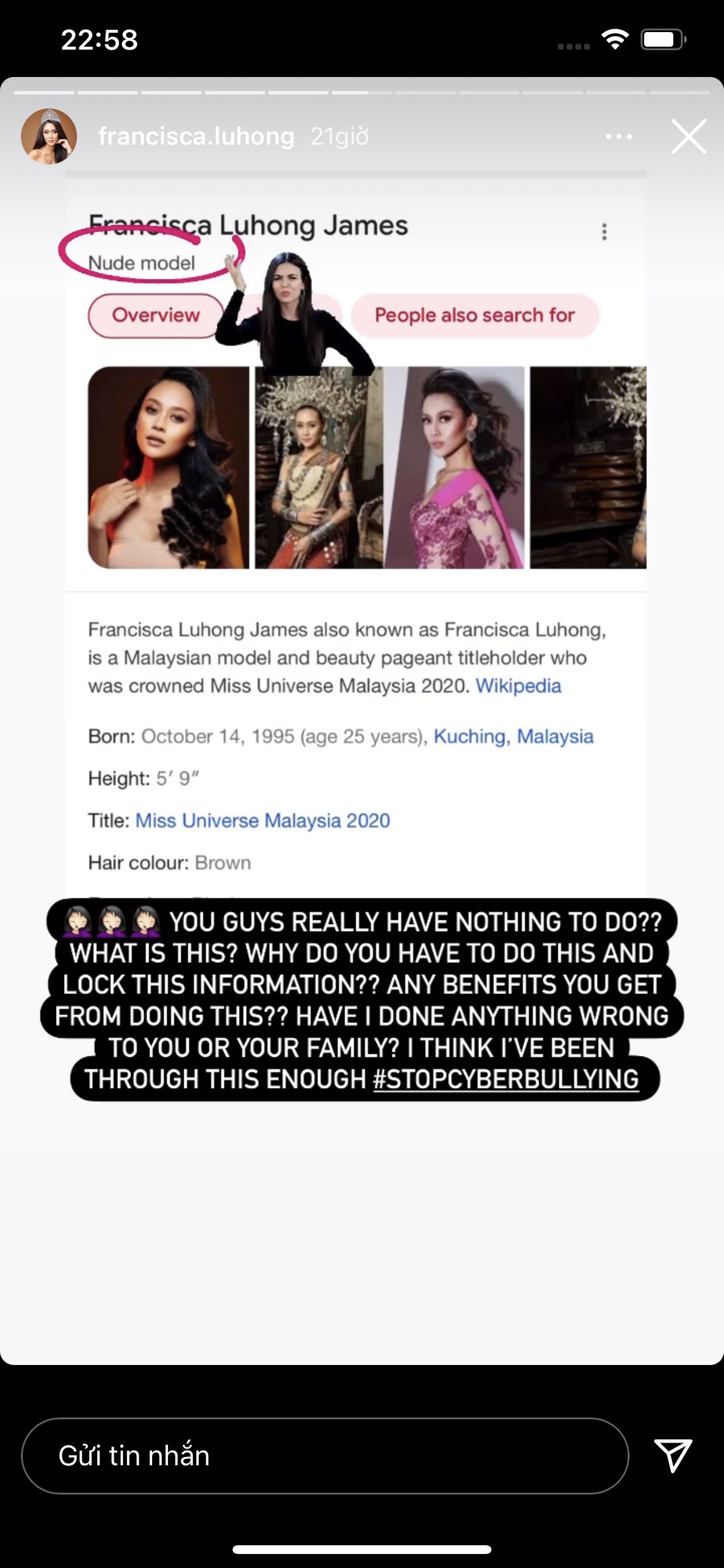 Francisca Luhong bày tỏ thái độ bức xúc vì thông tin trên Wikipedia bị thay đổi. Ảnh chụp màn hình