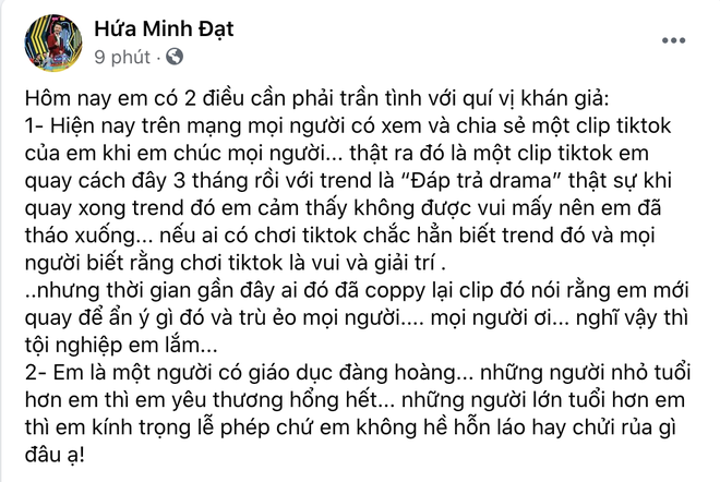 Nội dung bài lên tiếng của Hứa Minh Đạt. Ảnh chụp màn hình Nội dung bài lên tiếng của Hứa Minh Đạt. Ảnh chụp màn hình