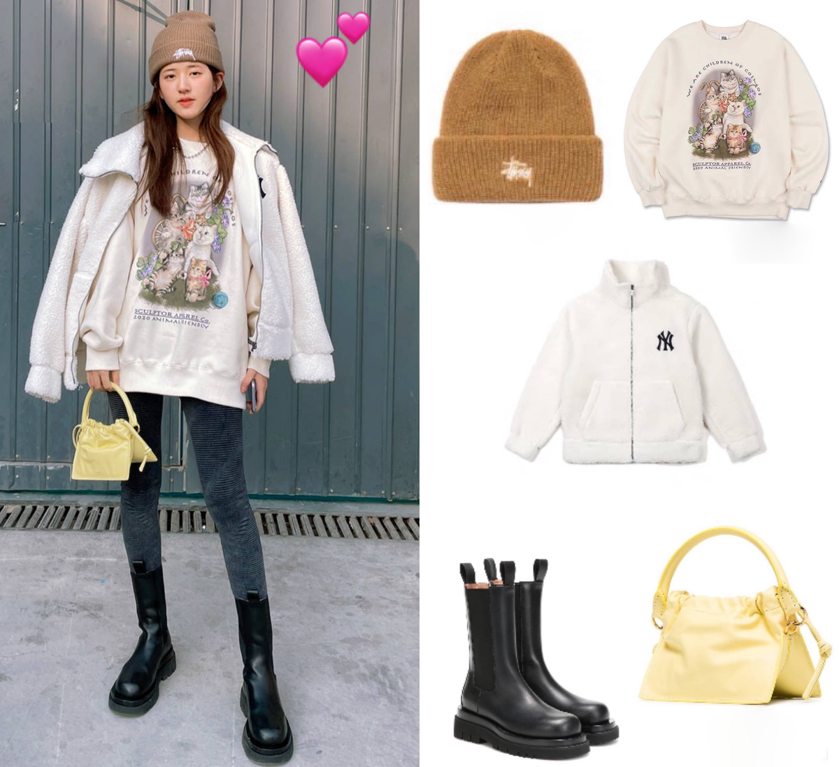 Áo nỉ họa tiết Sculptor cùng áo khoác lông MLB. Túi xách Yuzefi và boots hiệu Bottega Veneta. Áo nỉ họa tiết Sculptor cùng áo khoác lông MLB. Túi xách Yuzefi và boots hiệu Bottega Veneta.