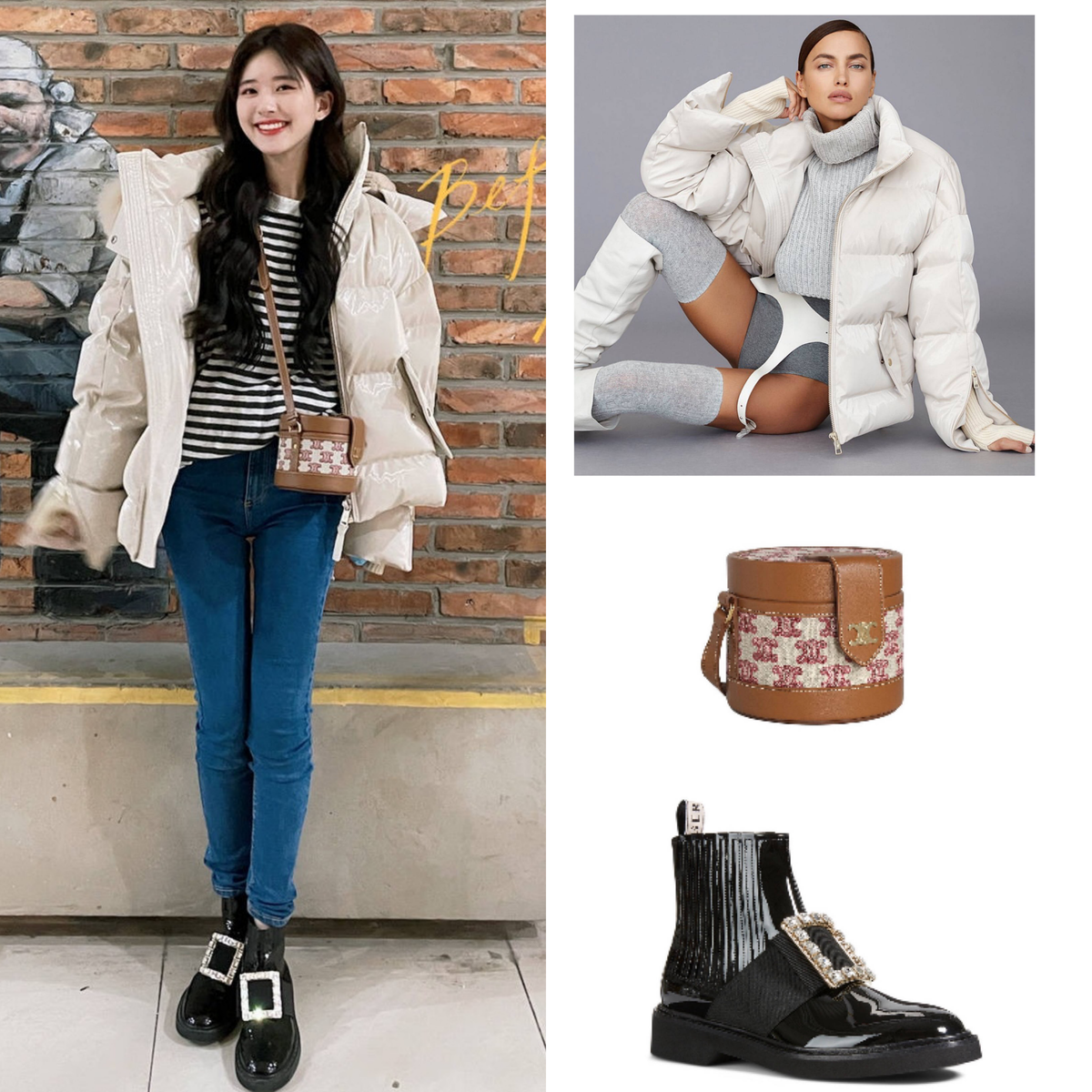 Áo phao Nicole Benisti, túi xách Celine và boots đính đá Roger Vivier Áo phao Nicole Benisti, túi xách Celine và boots đính đá Roger Vivier