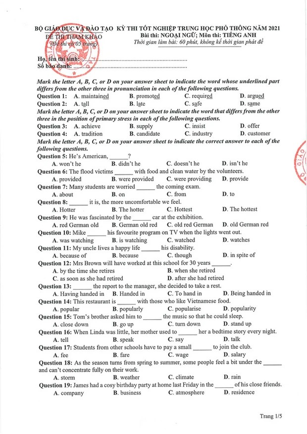 Đề thi môn Tiếng Anh kỳ thi tốt nghiệp THPT Quốc gia 2021 có cấu trúc như thế nào? 1 Đề thi môn Tiếng Anh kỳ thi tốt nghiệp THPT Quốc gia 2021 có cấu trúc như thế nào? 1