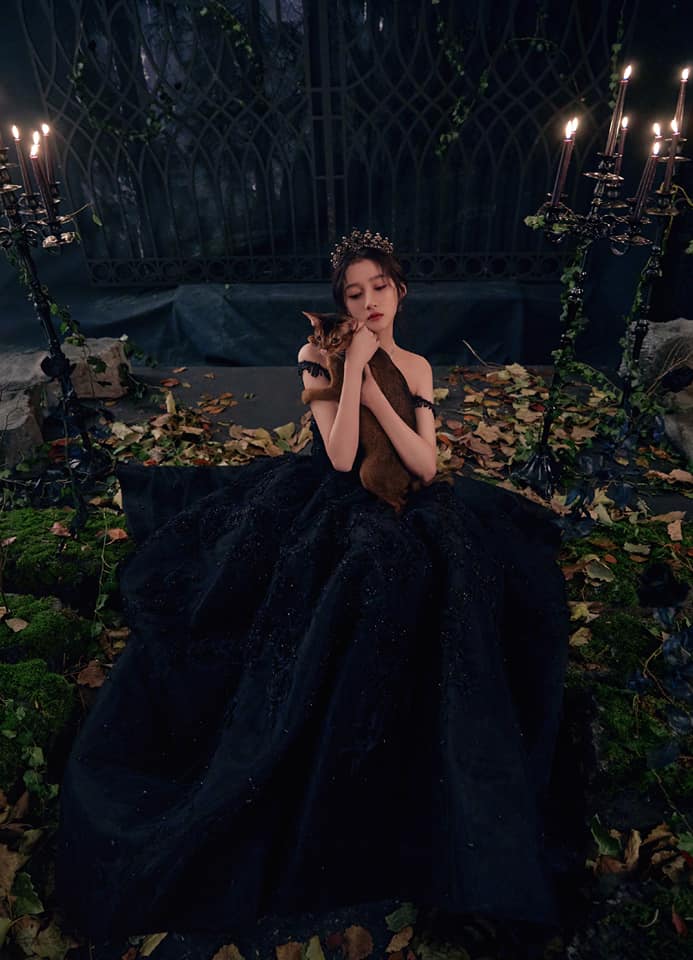 Quan Hiểu Đồng vô cùng ma mị trong bộ váy đen trễ nải. Bạn gái Luhan tạo điểm nhấn với vương miện quyền uy, lựa chọn chú mèo lông nâu làm bạn diễn. Bối cảnh hoang tàn cũng tạo nên shoot hình đậm chất 'nghệ'