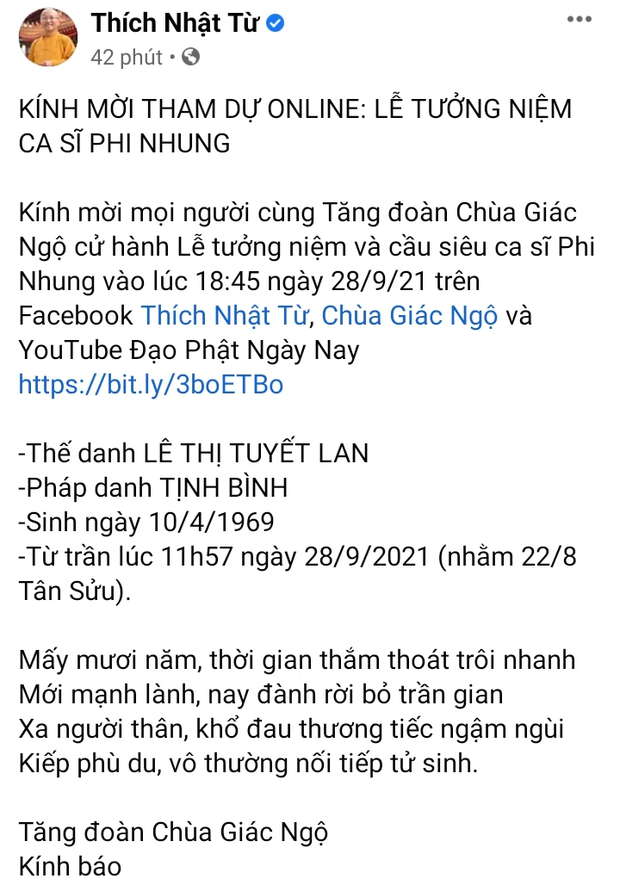Thông tin Lễ tưởng niệm và cầu siêu cho cố ca sĩ Phi Nhung được Thầy Thích Nhật Từ - trụ trì chùa Giác Ngộ đại diện tăng đoàn của chùa đã thông báo chi tiết trên trang cá nhân Thông tin Lễ tưởng niệm và cầu siêu cho cố ca sĩ Phi Nhung được Thầy Thích Nhật Từ - trụ trì chùa Giác Ngộ đại diện tăng đoàn của chùa đã thông báo chi tiết trên trang cá nhân