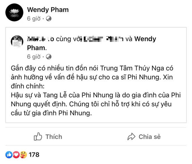 Wendy Phạm có động thái ủng hộ việc bác bỏ thông tin sai lệch liên quan đến đám tang của mẹ. Người thân tiết lộ, con gái Phi Nhung mong muốn sớm đưa thi hài mẹ về Mỹ tuy nhiên vẫn phải chờ đợi các thủ tục cần thiết Wendy Phạm có động thái ủng hộ việc bác bỏ thông tin sai lệch liên quan đến đám tang của mẹ. Người thân tiết lộ, con gái Phi Nhung mong muốn sớm đưa thi hài mẹ về Mỹ tuy nhiên vẫn phải chờ đợi các thủ tục cần thiết