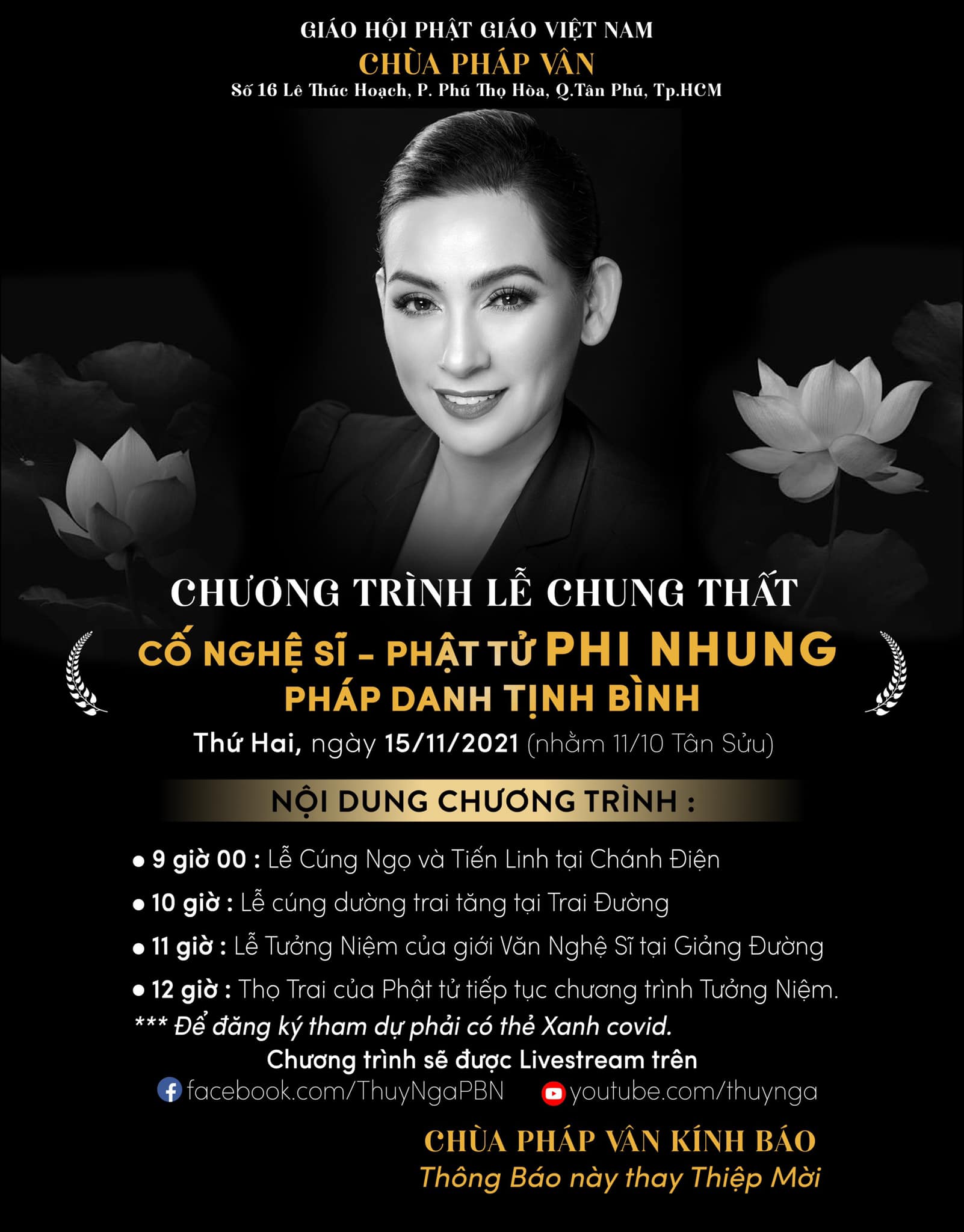 Hôm nay (15/11 theo giờ Việt Nam) lễ cúng 49 ngày của Phi Nhung chính thức diễn ra tại Mỹ. Ảnh: Facebook