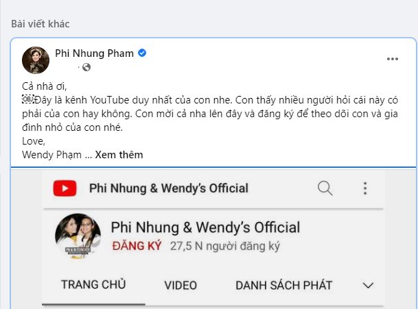 Wendy Phạm đăng thông báo về kênh Youtube của mình