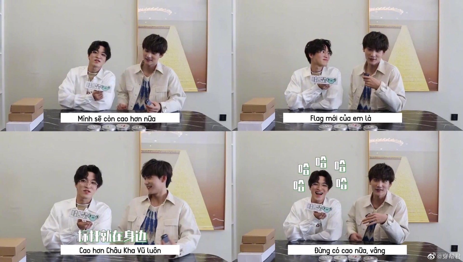 Trong phỏng vấn mới đây, khi anh bạn cùng nhóm Santa chia sẻ mục tiêu trong năm mới là 'Sẽ cao hơn nữa, cao hơn Châu Kha Vũ luôn'. Còn Châu Kha Vũ thì lại ước bản thân 'Đừng cao nữa'. Trạng thái đối lập khiến netizen cười nghiêng ngả