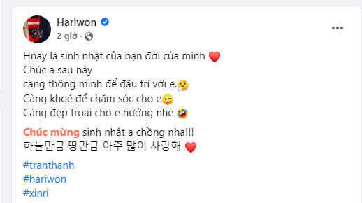 Hari Won gây chú ý khi đăng tải bài viết nói lời 'gan ruột' nhân dịp sinh nhật mừng tuổi mới của ông xã
