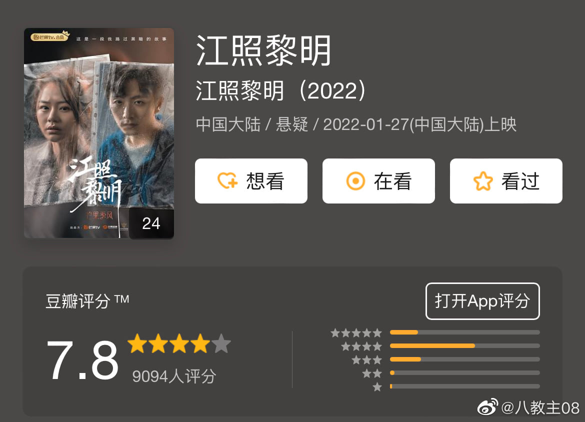 'Giang chiếu lê minh' hiện đang được 7.8 douban. Diễn viên: Mã Tư Thuần, Bạch Khách, Trương Dao