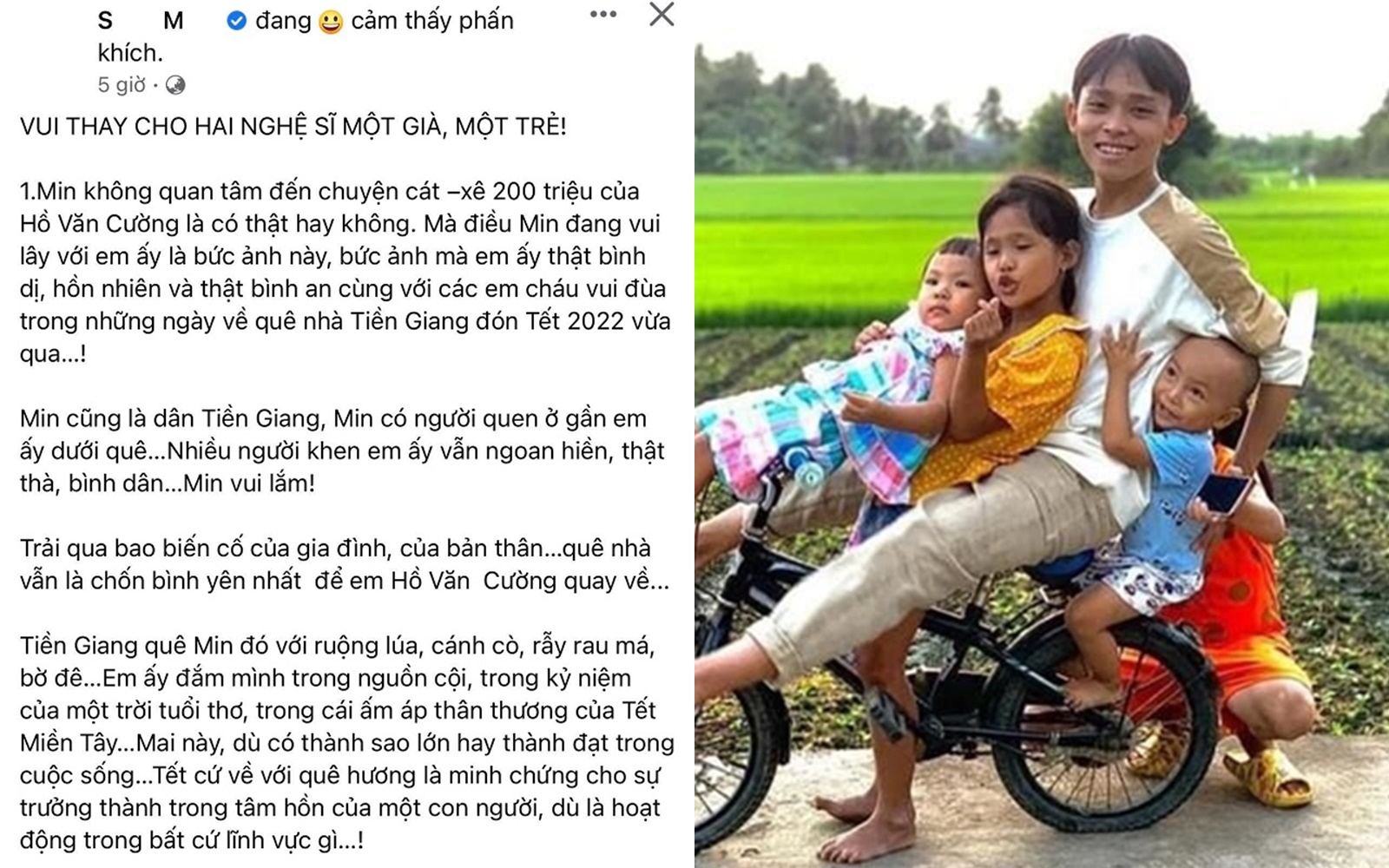 Một nhà báo đình đám trong giới showbiz bất ngờ có bài viết 'vén màn' về Hồ Văn Cường. Đi kèm với đó là hình ảnh Hồ Văn Cường vô tư chơi đùa cùng trẻ em trong xóm