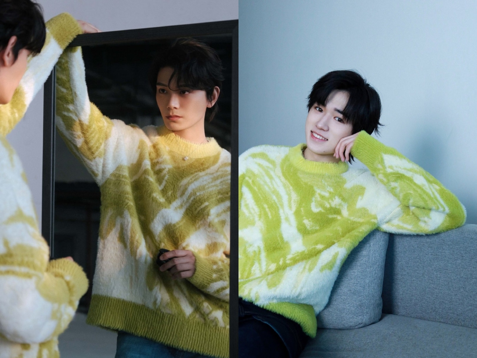 Đinh Vũ Hề và Tống Á Hiên mặc cùng một mẫu áo len. Đáng chú ý, trong buổi tuyên truyền cho phim điện ảnh 'Mười năm thương nhớ', Đinh Vũ Hề đã bị phát hiện mặc ngược áo, anh chàng đã rất bất ngờ và phải xoay áo lại 