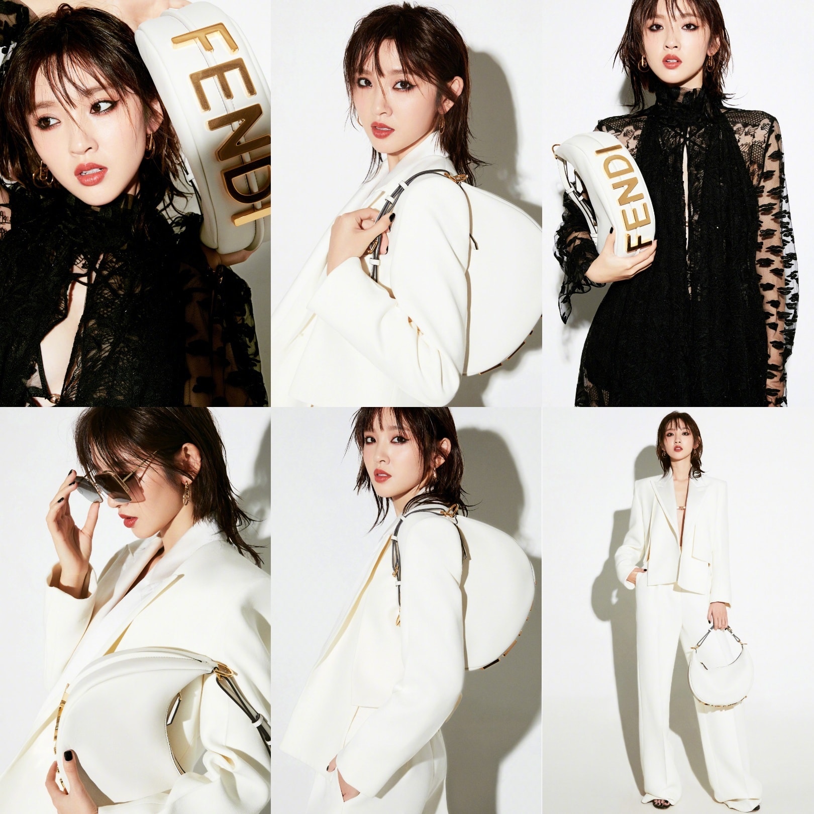 Đường Nghệ Hân gây ấn tượng mạnh khi make up mắt màu khói trong trang phục đen trắng phối cùng túi xách Fendi