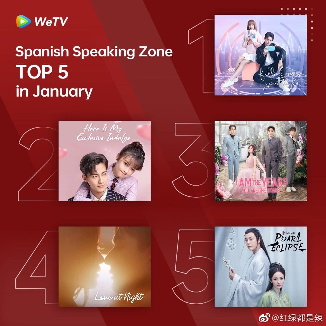 Wetv nhiệt độ phát sóng Tháng 1 Tây Ban Nha: No.1 Khi Em Cười Rất Đẹp, No.3 Em Là Năm Tháng Anh Là Sao Trời, No.4 Khi Màn Đêm Gợn Sóng, No.5 Hộc Châu Phu Nhân