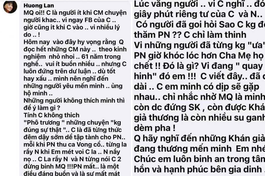 Dưới phần bình luận bài viết, ca sĩ Hương Lan đã để lại những dòng nhắn nhủ chân thành đến đàn em