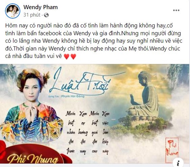 Wendy Phạm cho biết người này đã có hành động không hay, cố tình làm bẩn Facebook Wendy Phạm cho biết người này đã có hành động không hay, cố tình làm bẩn Facebook