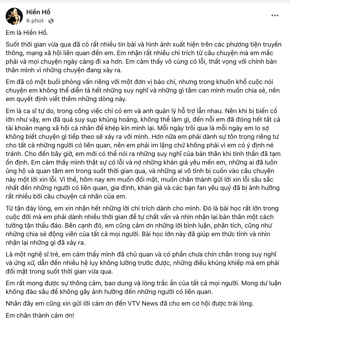 Hiền Hồ đã mở tài khoản Facebook và đăng tải tâm thư dài