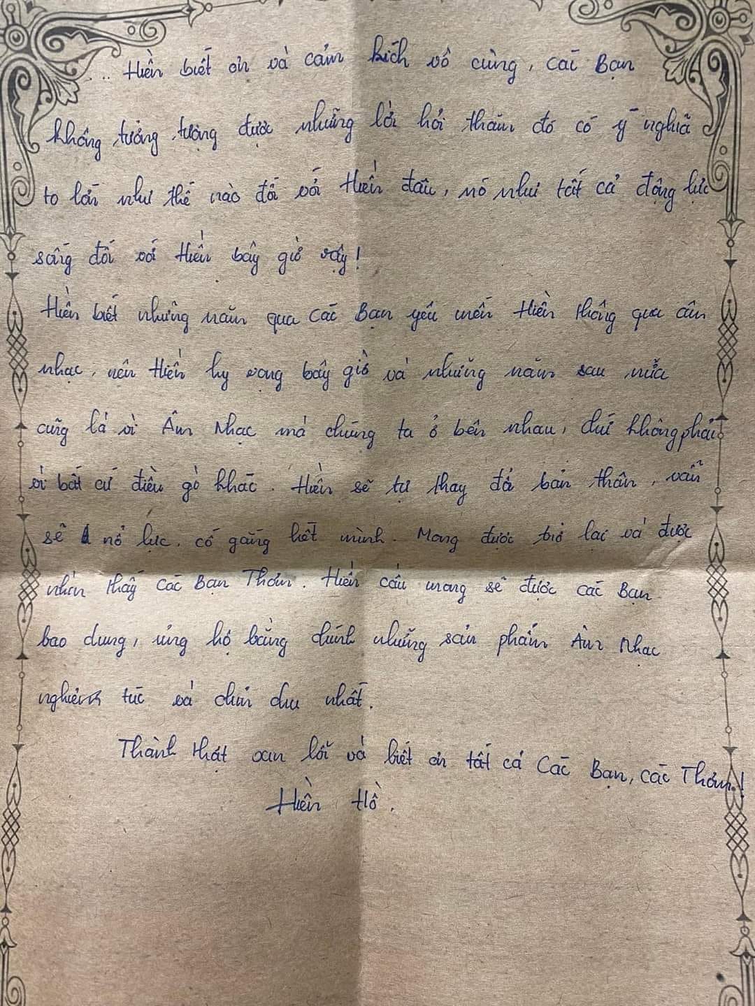 Mạng xã hội xuất hiện bức thư tay được cho là của Hiền Hồ gửi tới fan