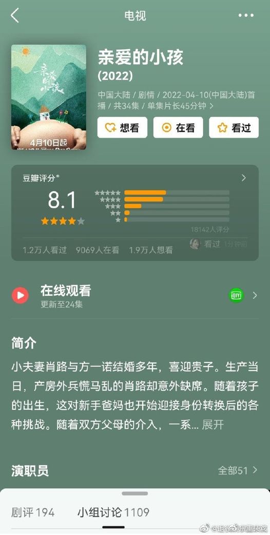 Phim truyền hình 'Con thân yêu' mở điểm douban là 8.1. Diễn viên: Tần Hạo, Nhậm Tố Tịch, Nhiếp Viễn...
