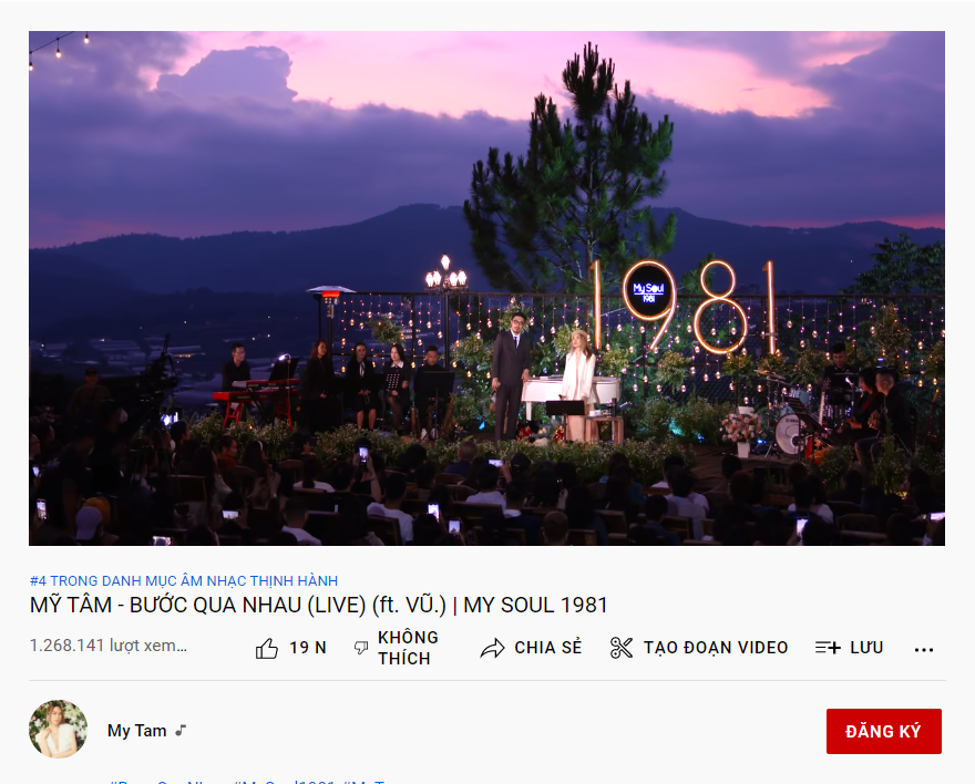 Vị trí top 4 trending âm nhạc hiện tại thuộc về ca khúc Bước Qua Nhau của Mỹ Tâm.