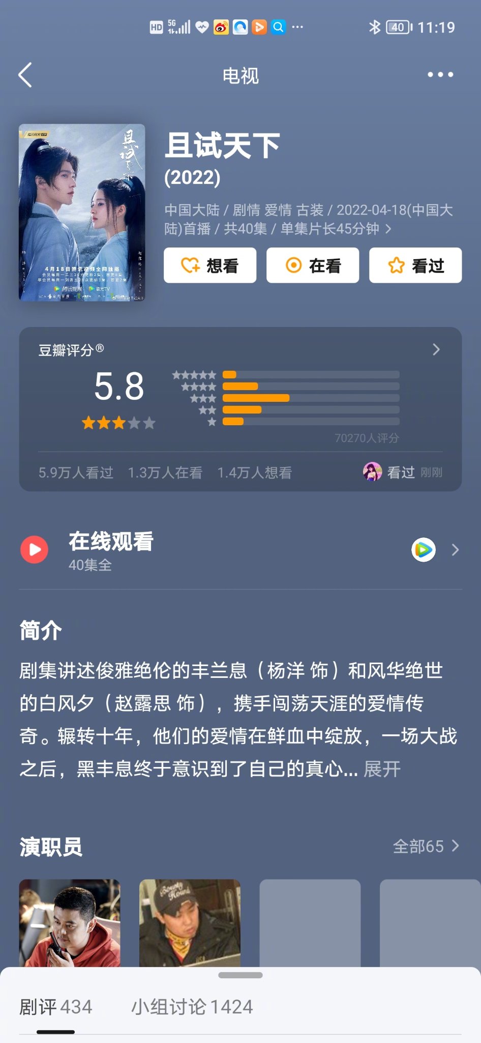 Hôm nay, bộ phim cổ trang Tranh Thiên Hạ chuyển thể từ tiểu thuyết cùng tên của tác giả Khuynh Linh Nguyệt do Dương Dương và Triệu Lộ Tư đóng chính mở điểm Douban. Phim đạt 5,8 điểm với hơn 70.400 lượt đánh giá. Trong đó 5 sao chiếm 7,7%, 4 sao chiếm 20,1%