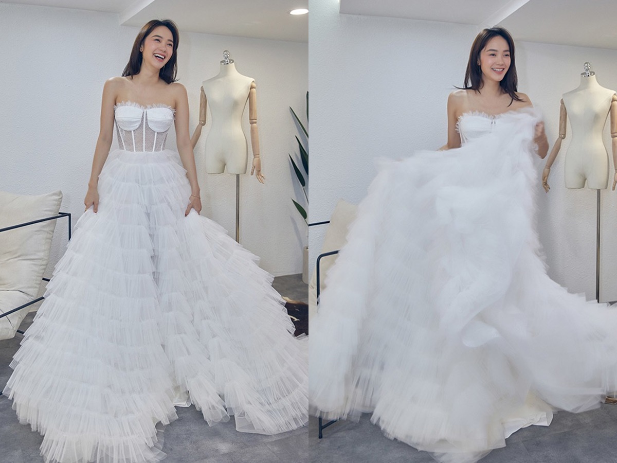 Hình ảnh Minh Hằng thử tới 3 mẫu váy cưới đã xuất hiện trên mạng xã hội, visual cô dâu khiến người hâm mộ thấp thỏm.